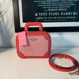 NWT Kate Spade Travel Trunk Crossbody Bag in Pink Leather and Jacquard.